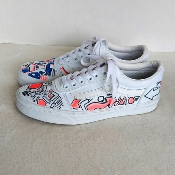 Handcrafted Colorful‎ Doodles and Directions White Van's on white background - Picture 1 of 14